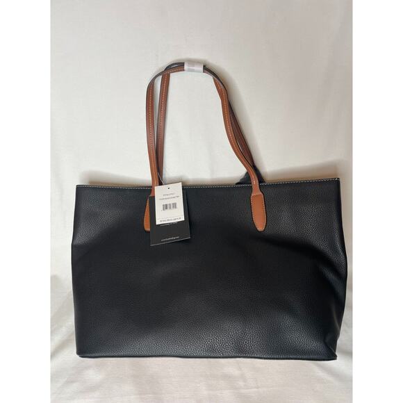 London Fog Mercer Tote w/ Plaid Scarf Black Cognac Trim Leather Handbags NEW - Picture 3 of 7